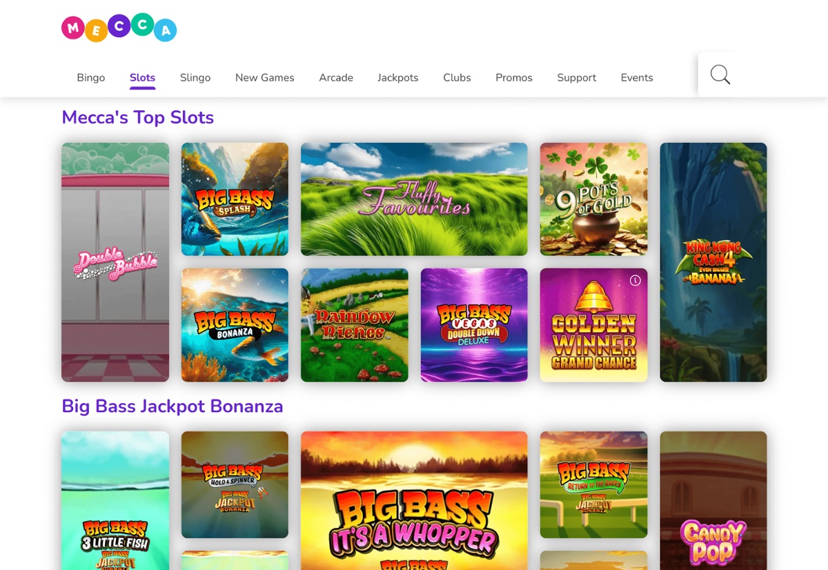 Screenshot of Mecca Bingo homepage showing the Top Slots category and the Big Bass slot game collection